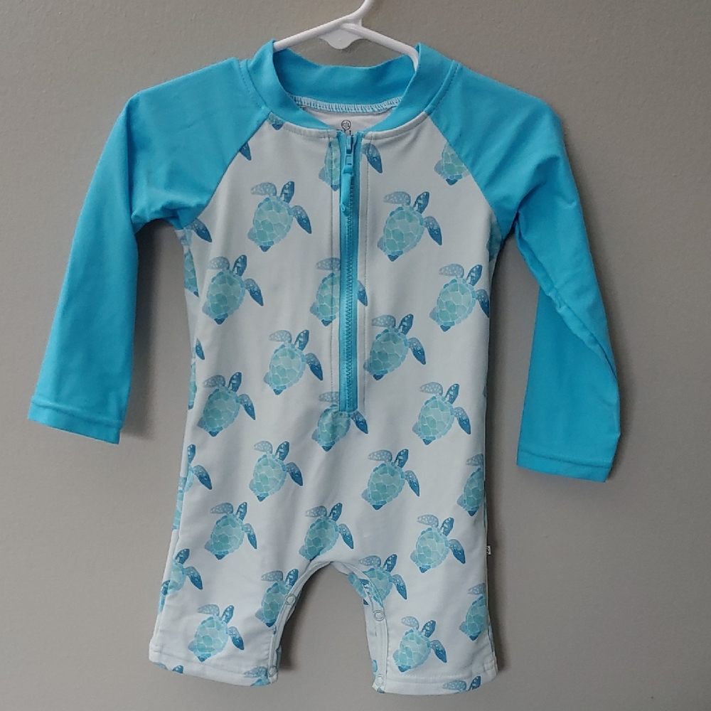 VGUC Caden Lane 12-18 mo Long Sleeve Rash Guard Romper Shortie Tropical Turtle